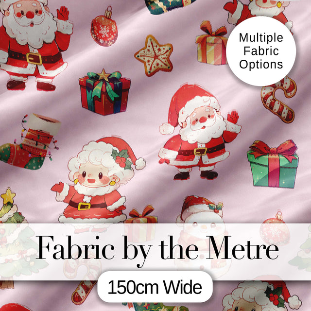 Cute Santa Claus Mrs Claus Snowman Gift Candy on Pink Background Seamless  Digital Print Fabric by the Metre UK Sewing Quilting Textile