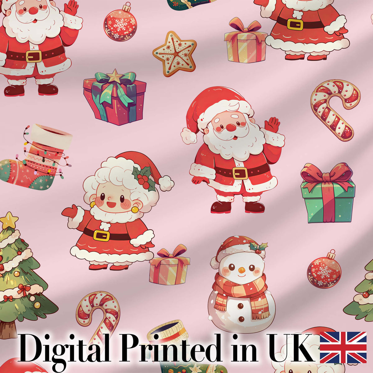 Cute Santa Claus Mrs Claus Snowman Gift Candy on Pink Background Seamless  Digital Print Fabric by the Metre UK Sewing Quilting Textile