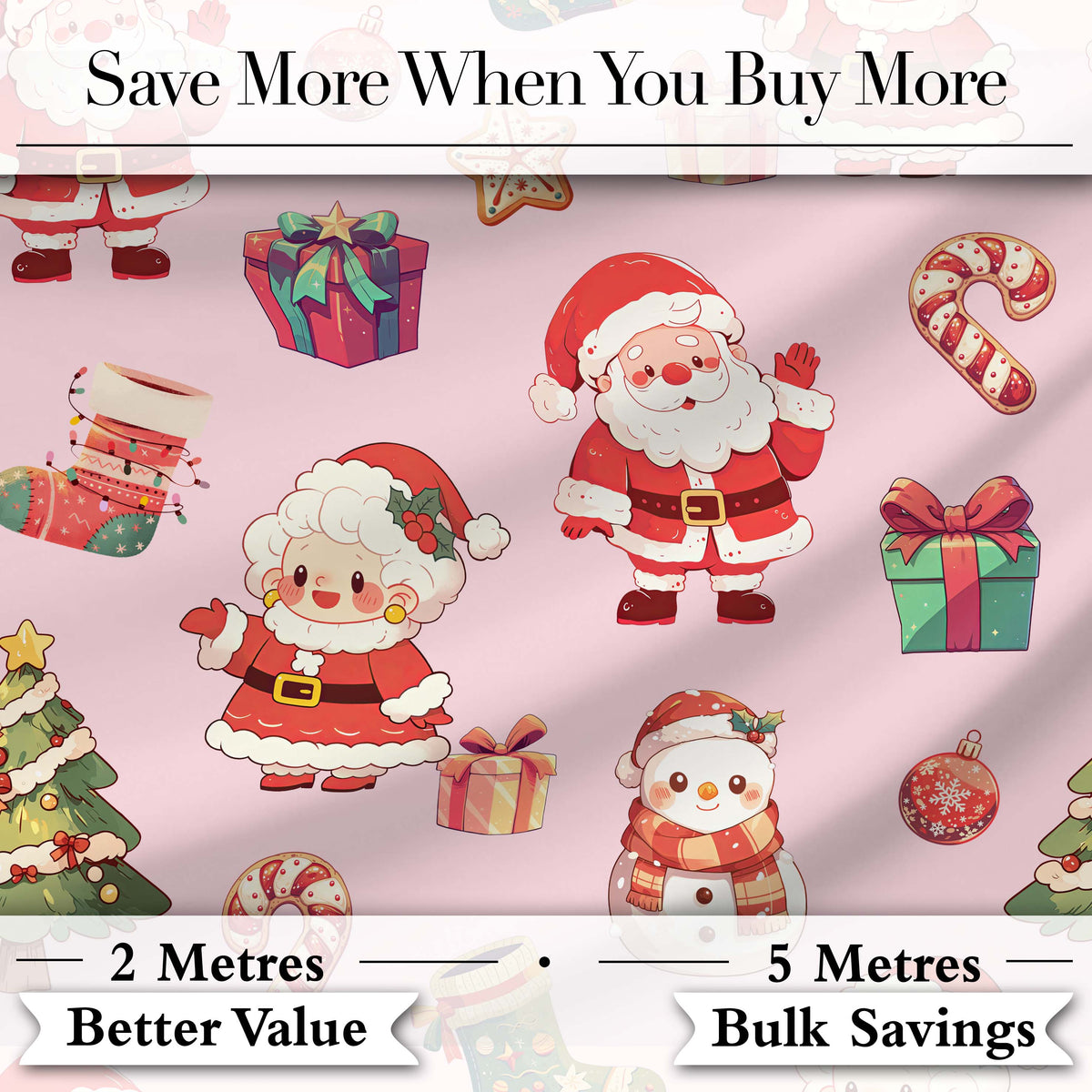 Cute Santa Claus Mrs Claus Snowman Gift Candy on Pink Background Seamless  Digital Print Fabric by the Metre UK Sewing Quilting Textile