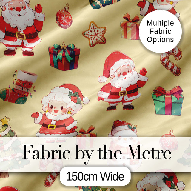 Cute Santa Claus Mrs Claus Snowman Gift Candy on Beige Background Seamless  Digital Print Fabric by the Metre UK Sewing Quilting Textile
