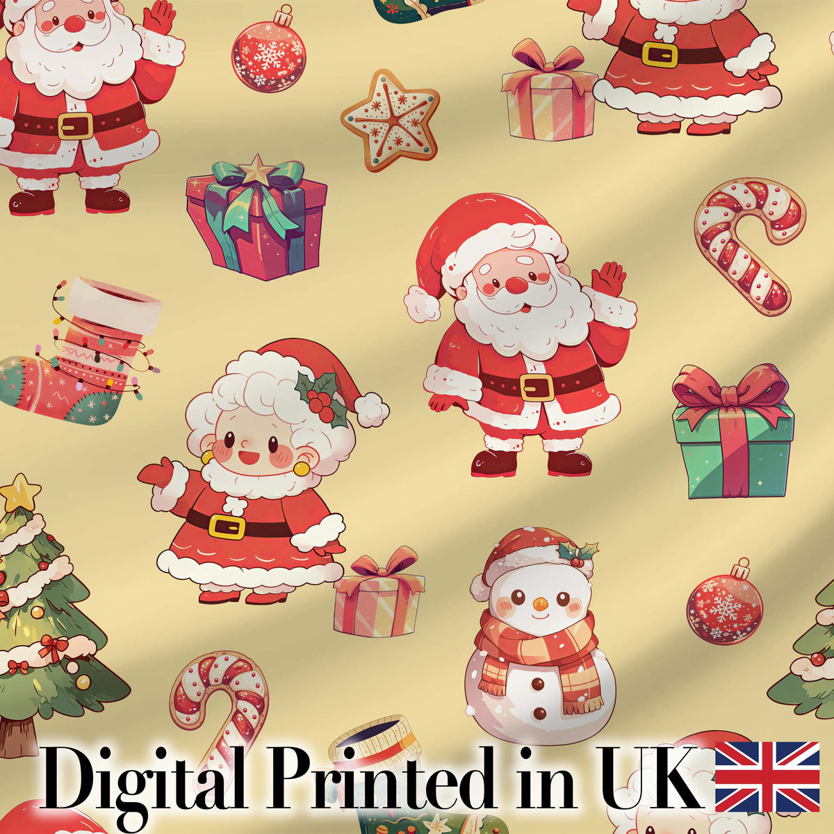 Cute Santa Claus Mrs Claus Snowman Gift Candy on Beige Background Seamless  Digital Print Fabric by the Metre UK Sewing Quilting Textile