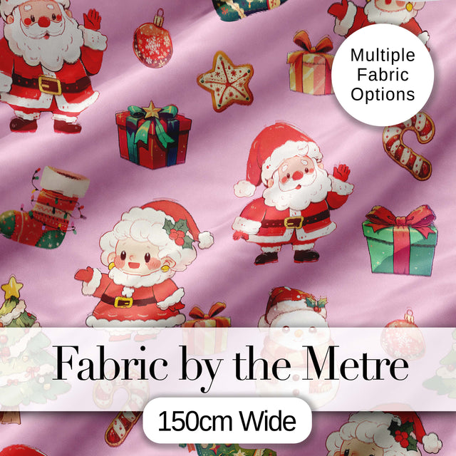 Cute Santa Claus Mrs Claus Snowman Gift Candy on Pink Background Seamless  Digital Print Fabric by the Metre UK Sewing Quilting Textile