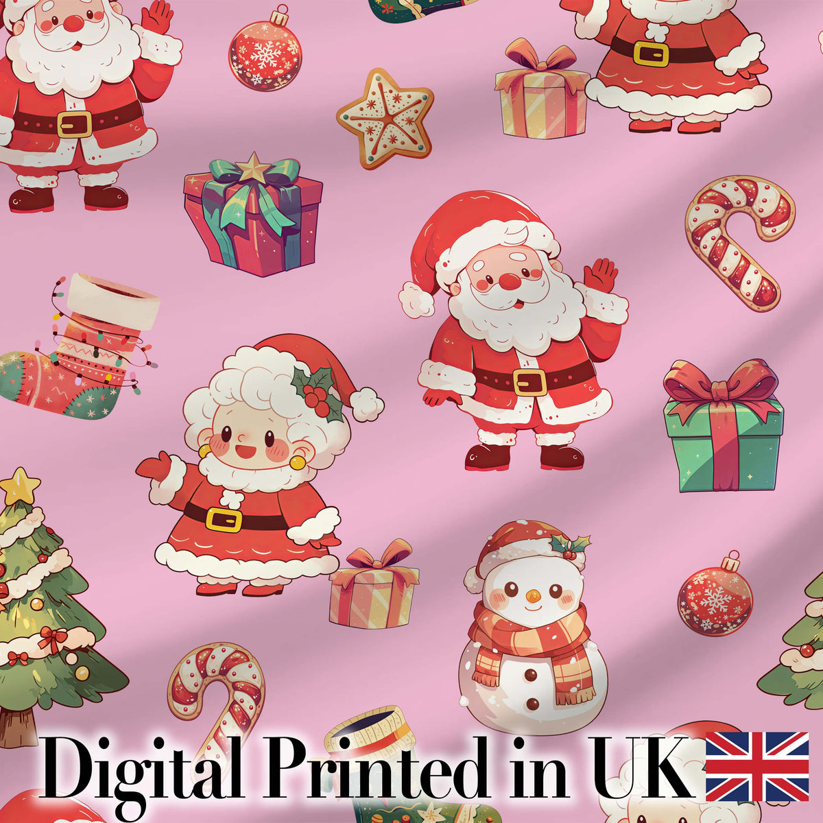 Cute Santa Claus Mrs Claus Snowman Gift Candy on Pink Background Seamless  Digital Print Fabric by the Metre UK Sewing Quilting Textile