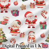 Cute Santa Claus Mrs Claus Snowman Gift Candy on Light Grey Background Seamless Digital Print Fabric by the Metre UK Sewing Quilting Textile