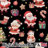 Cute Santa Claus Mrs Claus Snowman Gift Candy on Black Background Seamless  Digital Print Fabric by the Metre UK Sewing Quilting Textile