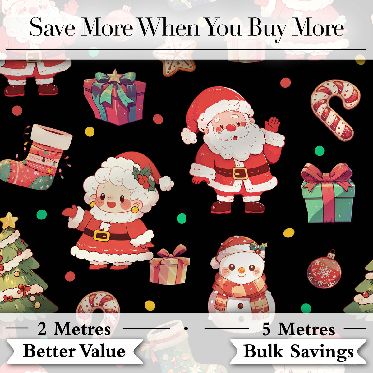 Cute Santa Claus Mrs Claus Snowman Gift Candy on Black Background Seamless  Digital Print Fabric by the Metre UK Sewing Quilting Textile