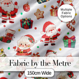 Santa Claus Mrs Claus Snowman Gift Candy Confetti on White Background Seamless Digital Print Fabric by the Metre UK Sewing Quilting Textile