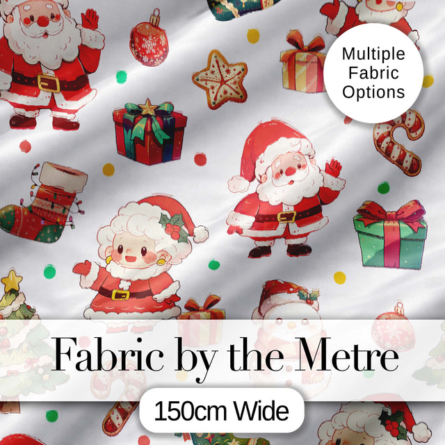 Santa Claus Mrs Claus Snowman Gift Candy Confetti on White Background Seamless Digital Print Fabric by the Metre UK Sewing Quilting Textile