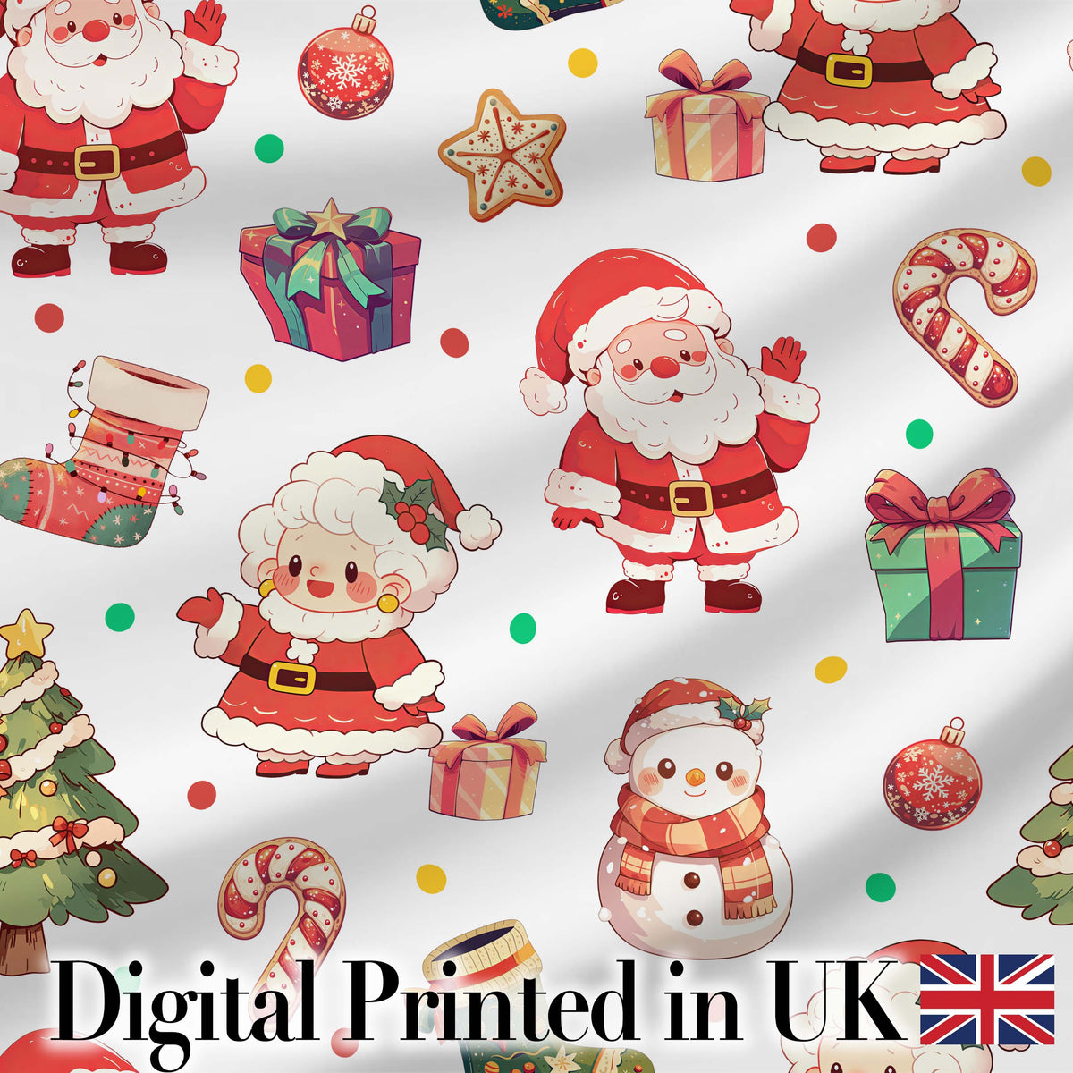 Santa Claus Mrs Claus Snowman Gift Candy Confetti on White Background Seamless Digital Print Fabric by the Metre UK Sewing Quilting Textile