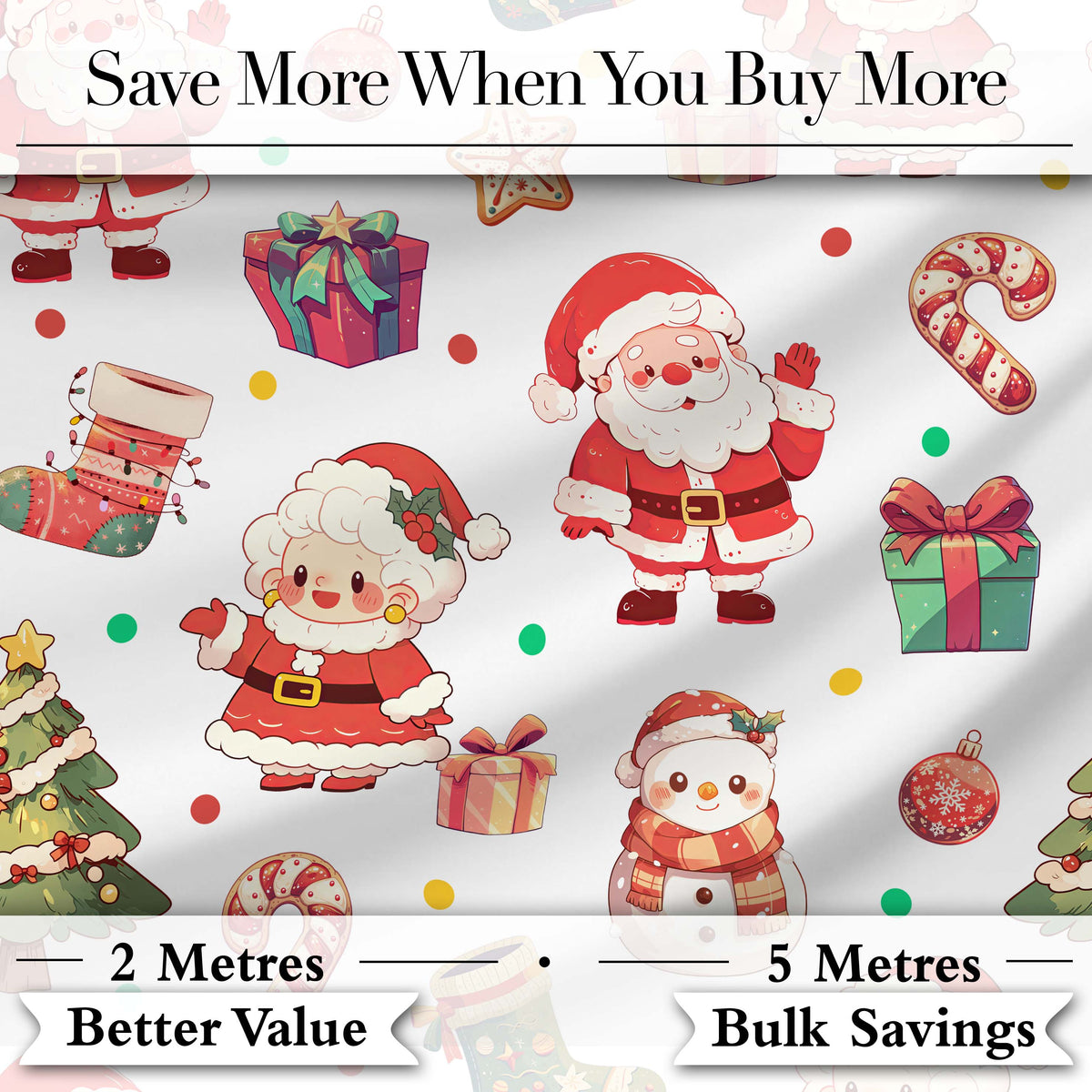Santa Claus Mrs Claus Snowman Gift Candy Confetti on White Background Seamless Digital Print Fabric by the Metre UK Sewing Quilting Textile