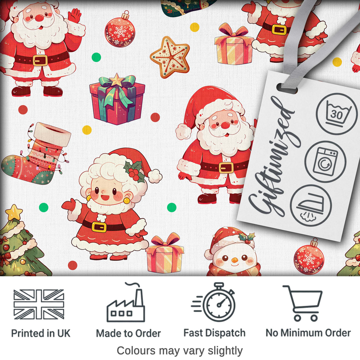Santa Claus Mrs Claus Snowman Gift Candy Confetti on White Background Seamless Digital Print Fabric by the Metre UK Sewing Quilting Textile