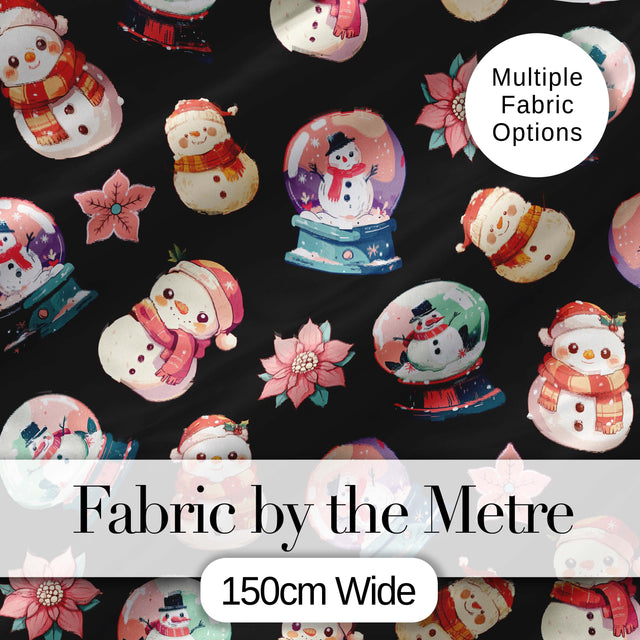 Snowman Snow Globe Poinsettia Winter Christmas on Black Background Seamless  Digital Print Fabric by the Metre UK Sewing Quilting Textile