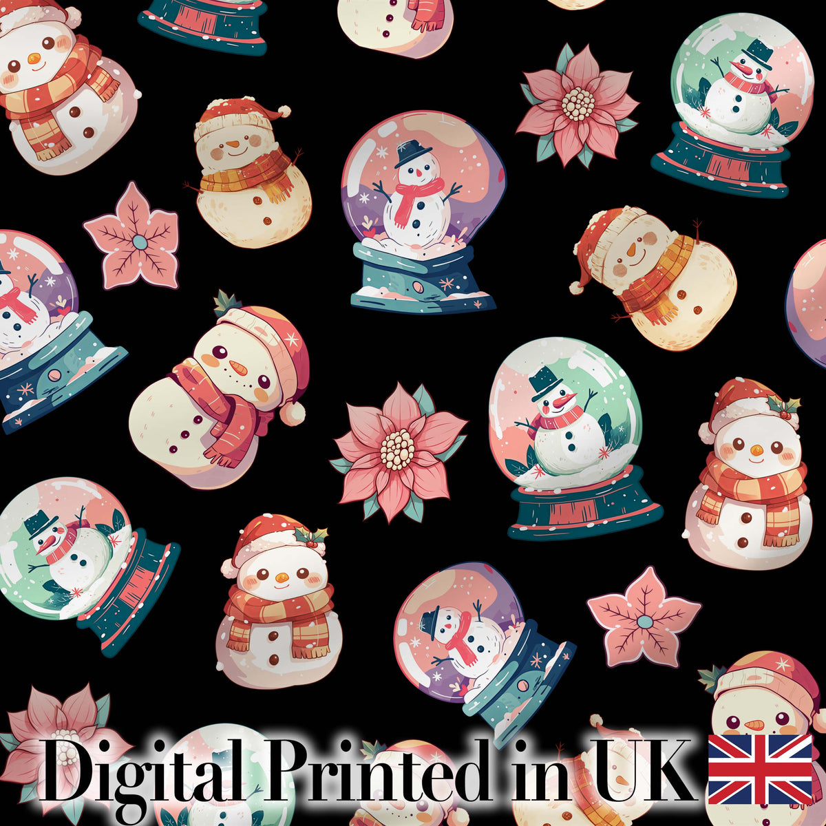 Snowman Snow Globe Poinsettia Winter Christmas on Black Background Seamless  Digital Print Fabric by the Metre UK Sewing Quilting Textile