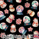 Snowman Snow Globe Poinsettia Winter Christmas on Black Background Seamless  Digital Print Fabric by the Metre UK Sewing Quilting Textile