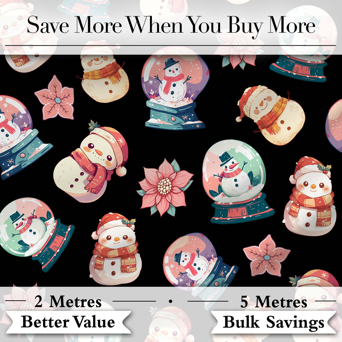 Snowman Snow Globe Poinsettia Winter Christmas on Black Background Seamless  Digital Print Fabric by the Metre UK Sewing Quilting Textile