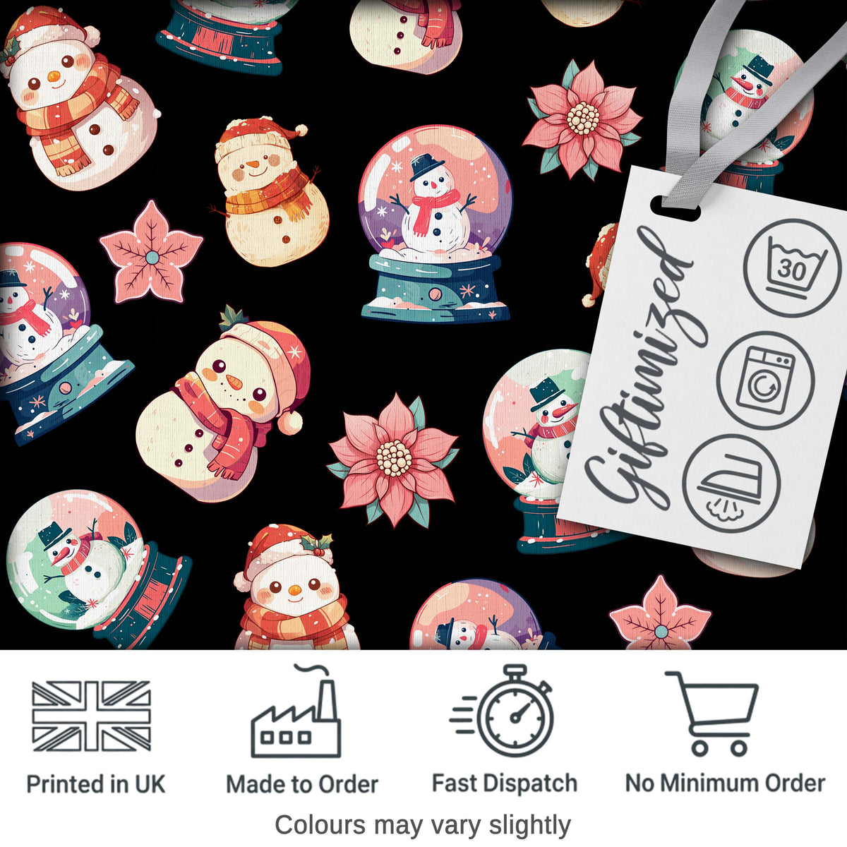 Snowman Snow Globe Poinsettia Winter Christmas on Black Background Seamless  Digital Print Fabric by the Metre UK Sewing Quilting Textile