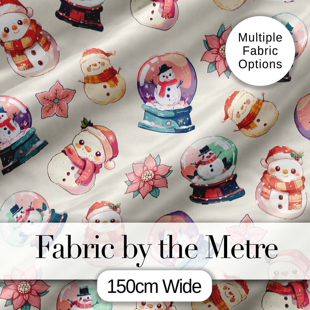 Snowman Snow Globe Poinsettia Winter Christmas on Cream Background Seamless  Digital Print Fabric by the Metre UK Sewing Quilting Textile