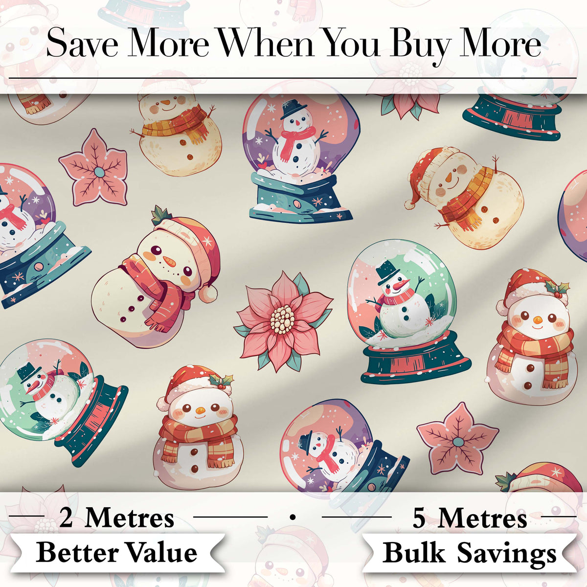 Snowman Snow Globe Poinsettia Winter Christmas on Cream Background Seamless  Digital Print Fabric by the Metre UK Sewing Quilting Textile