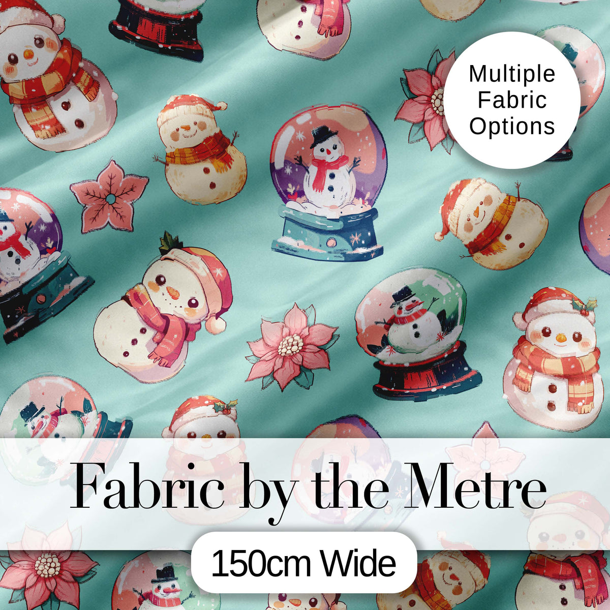 Snowman Snow Globe Poinsettia Winter Christmas on Teal Background Seamless  Digital Print Fabric by the Metre UK Sewing Quilting Textile