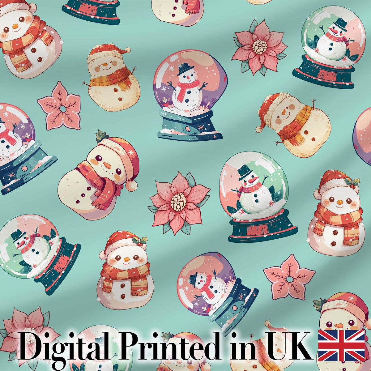 Snowman Snow Globe Poinsettia Winter Christmas on Teal Background Seamless  Digital Print Fabric by the Metre UK Sewing Quilting Textile