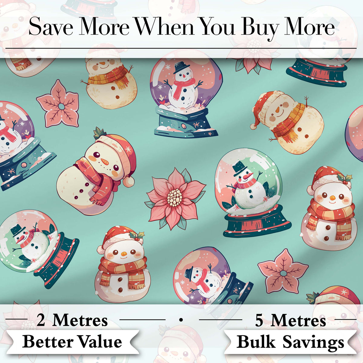 Snowman Snow Globe Poinsettia Winter Christmas on Teal Background Seamless  Digital Print Fabric by the Metre UK Sewing Quilting Textile