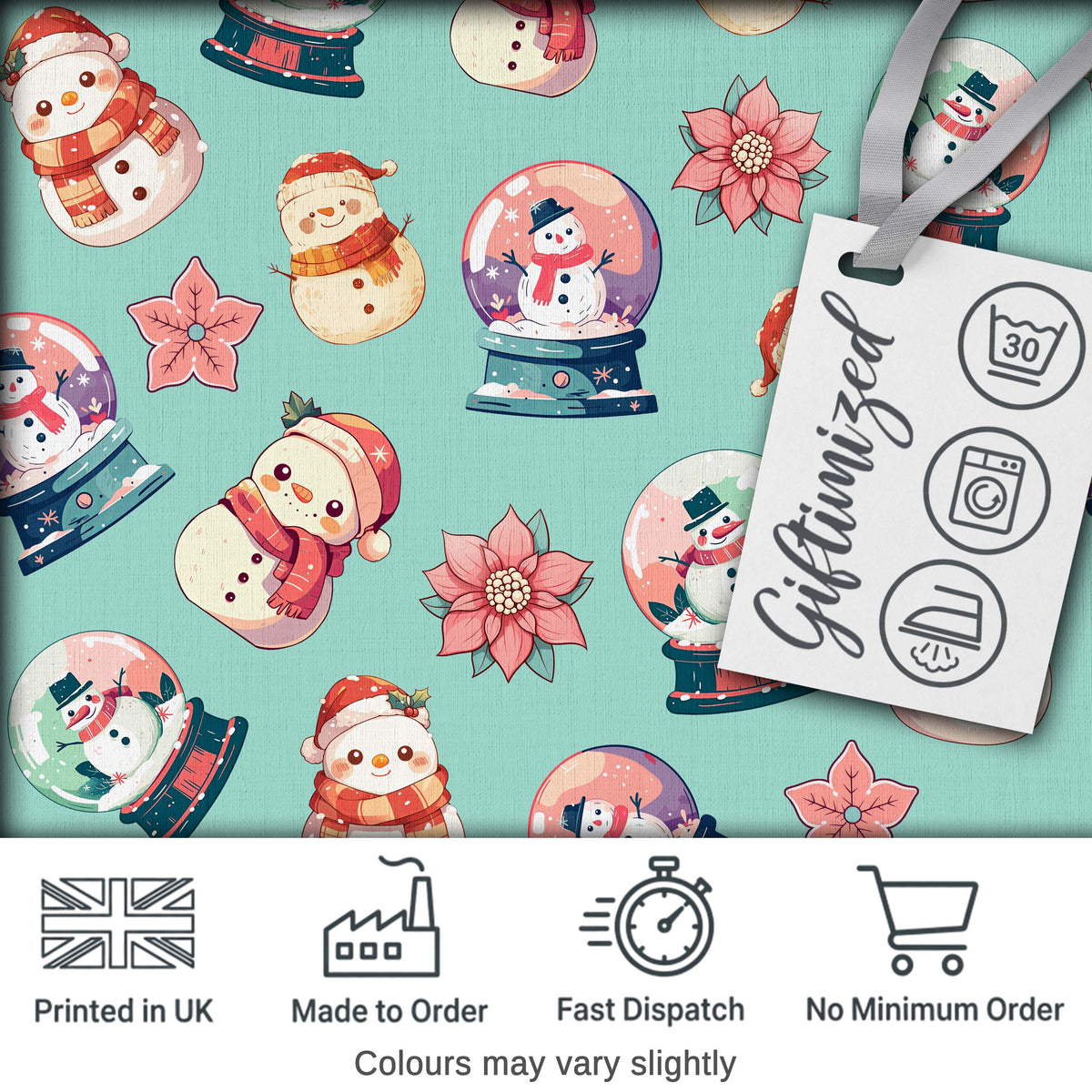 Snowman Snow Globe Poinsettia Winter Christmas on Teal Background Seamless  Digital Print Fabric by the Metre UK Sewing Quilting Textile