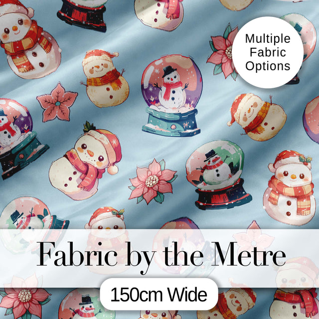 Snowman Snow Globe Poinsettia Winter Christmas on Blue Background Seamless  Digital Print Fabric by the Metre UK Sewing Quilting Textile