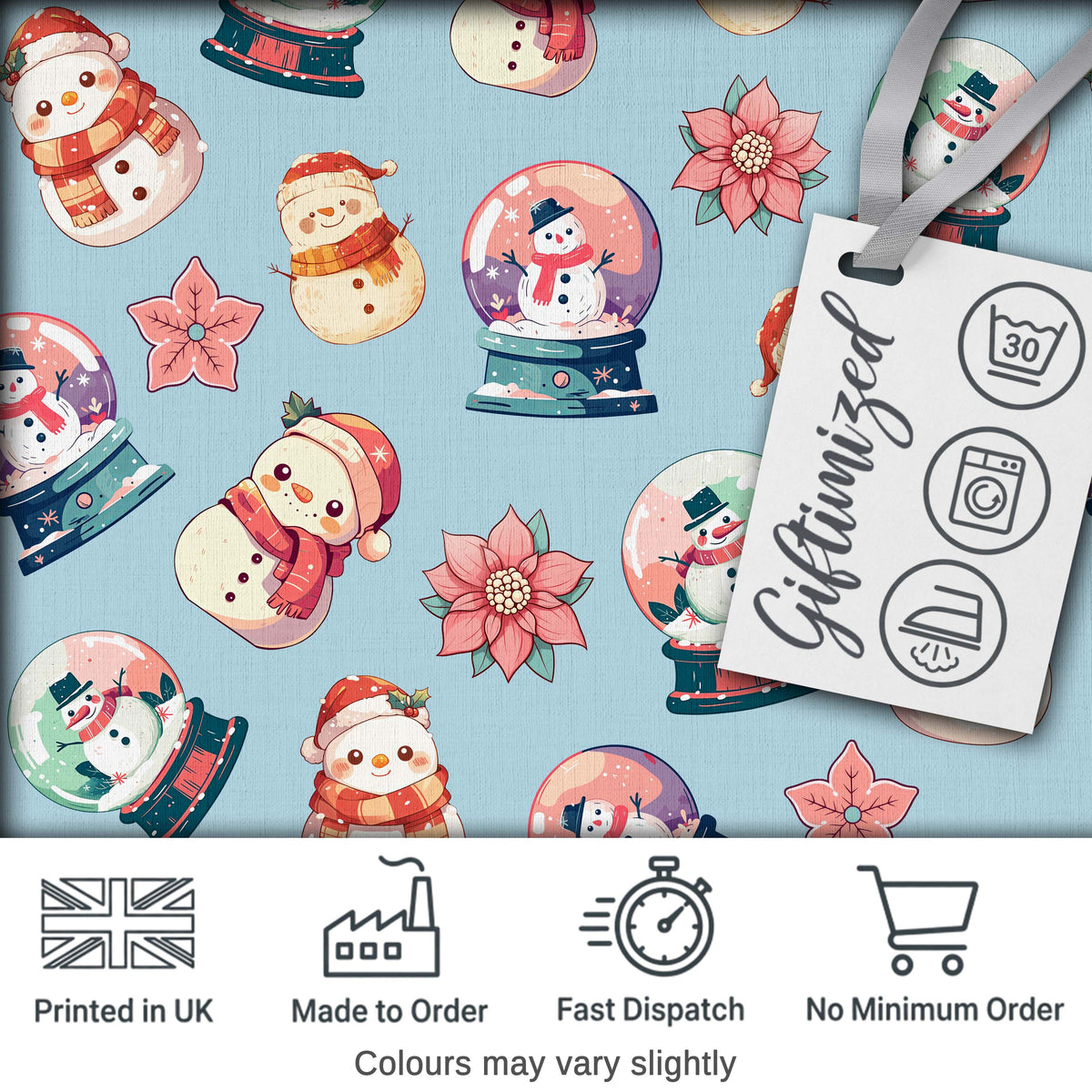 Snowman Snow Globe Poinsettia Winter Christmas on Blue Background Seamless  Digital Print Fabric by the Metre UK Sewing Quilting Textile