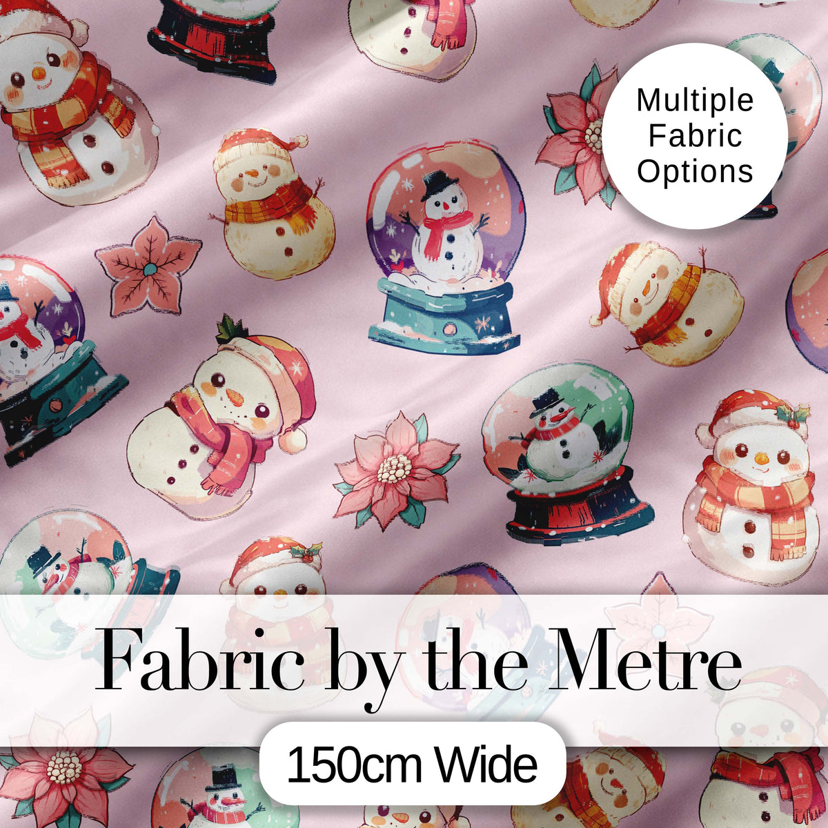 Snowman Snow Globe Poinsettia Christmas on Soft Pink Background Seamless Digital Print Fabric by the Metre UK Sewing Quilting Textile