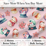 Snowman Snow Globe Poinsettia Christmas on Soft Pink Background Seamless Digital Print Fabric by the Metre UK Sewing Quilting Textile