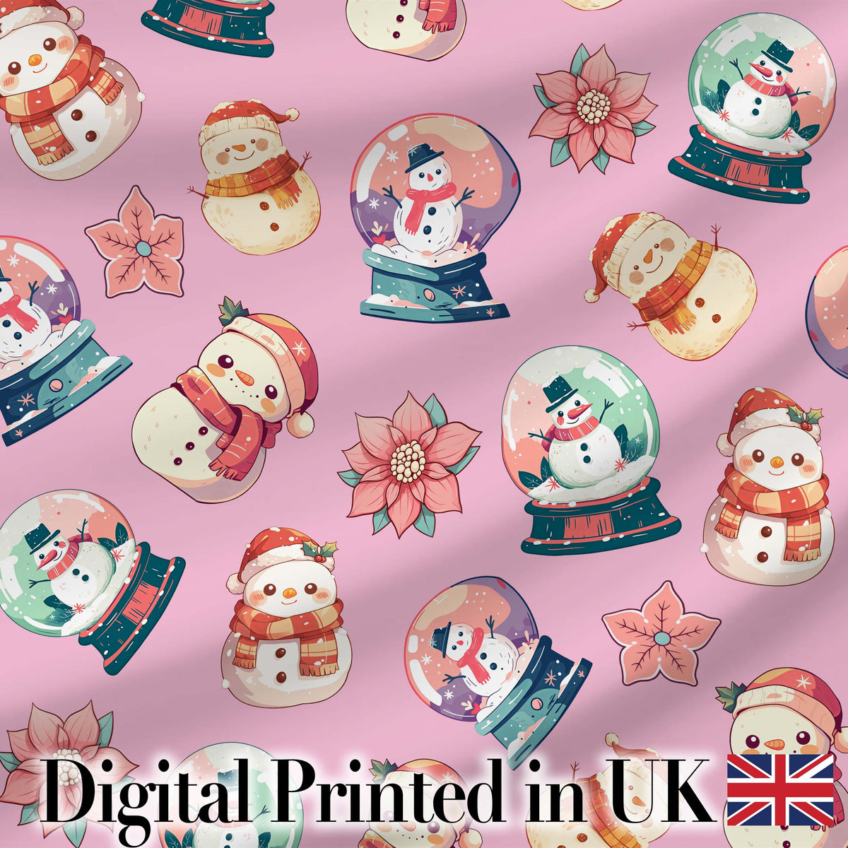 Cute Snowman Snow Globe Poinsettia Christmas on Mauve Pink Background Seamless  Digital Print Fabric by the Metre UK Sewing Quilting Textile