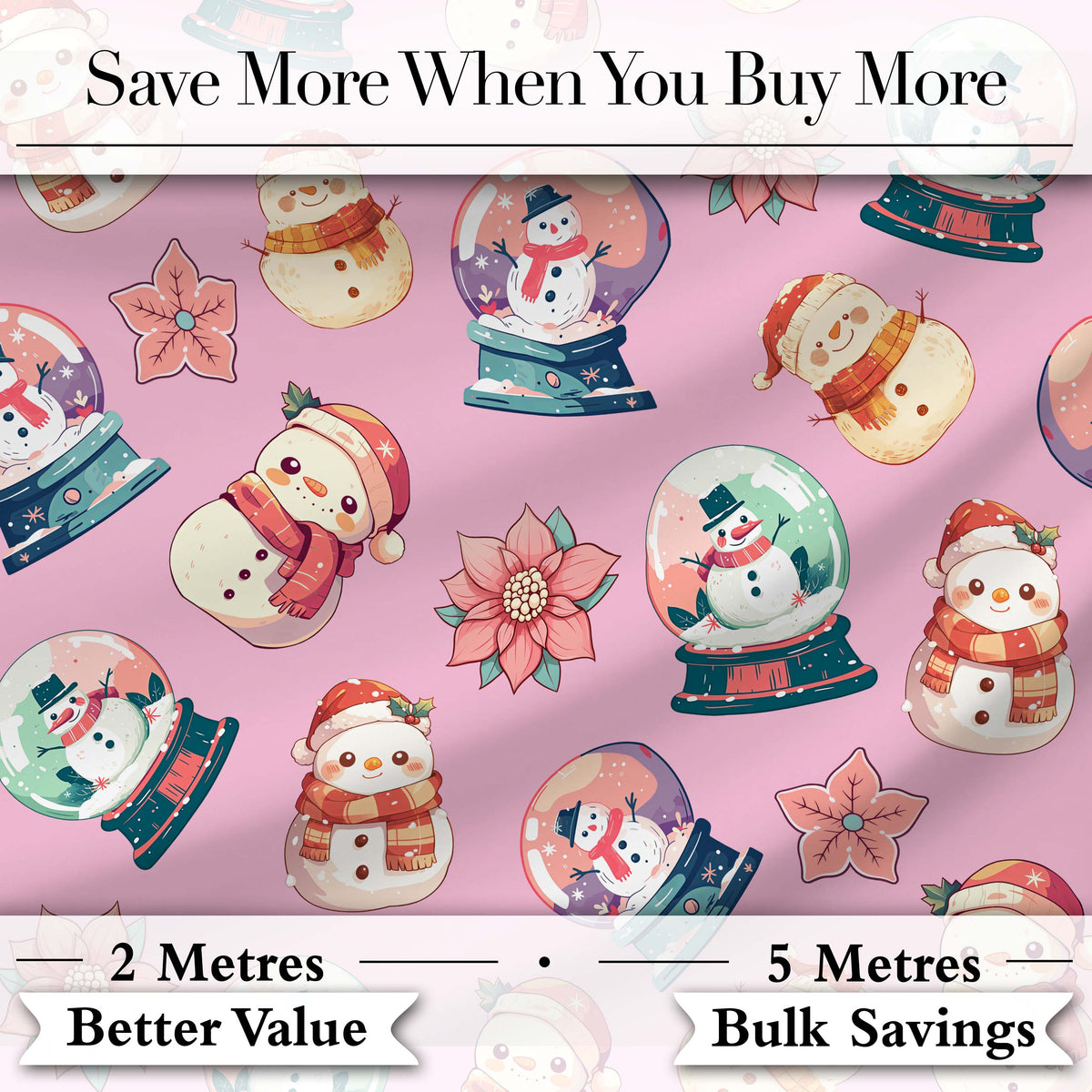 Cute Snowman Snow Globe Poinsettia Christmas on Mauve Pink Background Seamless  Digital Print Fabric by the Metre UK Sewing Quilting Textile