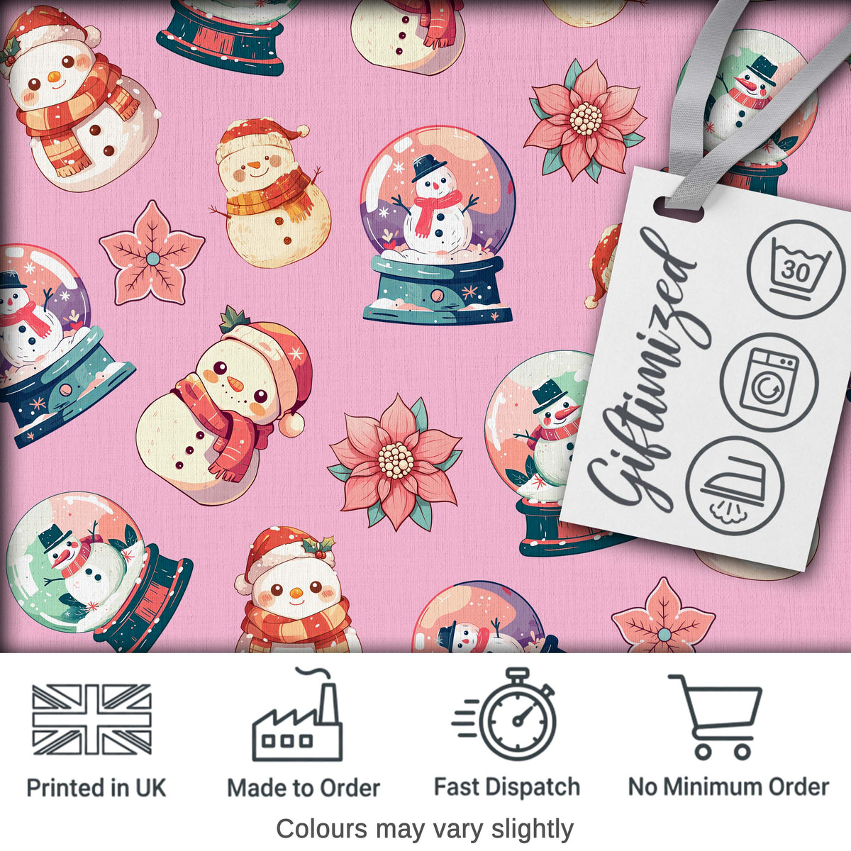 Cute Snowman Snow Globe Poinsettia Christmas on Mauve Pink Background Seamless  Digital Print Fabric by the Metre UK Sewing Quilting Textile
