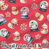Cute Snowman Snow Globe Poinsettia Winter Christmas on Red Background Seamless  Digital Print Fabric by the Metre UK Sewing Quilting Textile