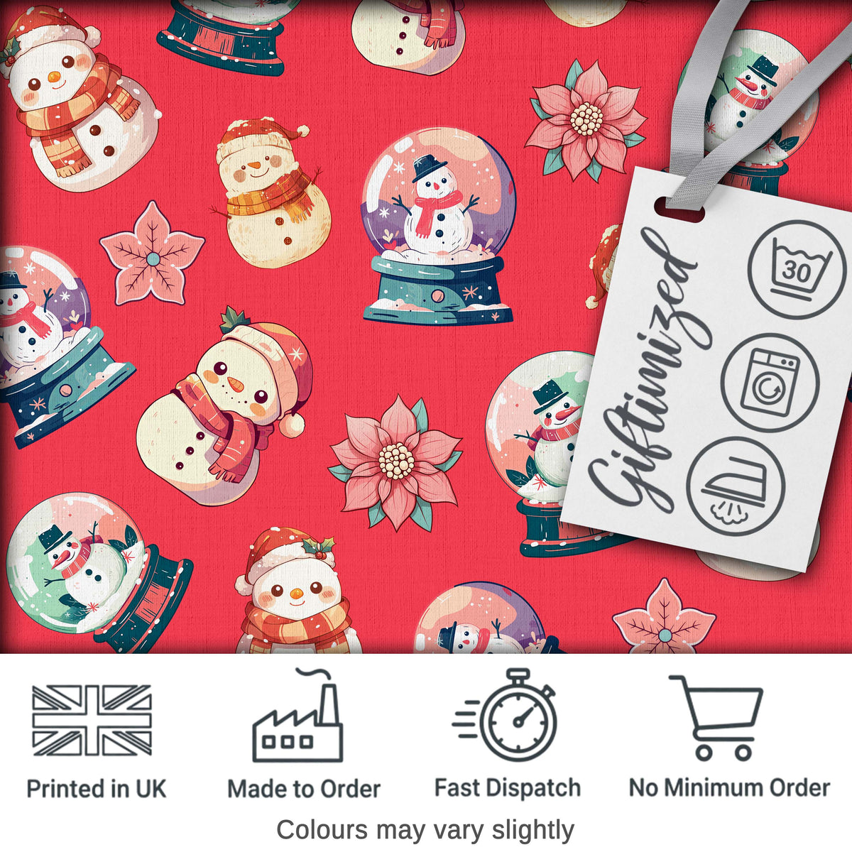 Cute Snowman Snow Globe Poinsettia Winter Christmas on Red Background Seamless  Digital Print Fabric by the Metre UK Sewing Quilting Textile