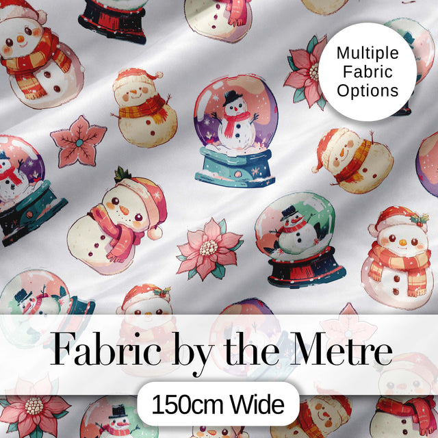 Cute Snowman Snow Globe Poinsettia Christmas on Light Grey Background Seamless  Digital Print Fabric by the Metre UK Sewing Quilting Textile