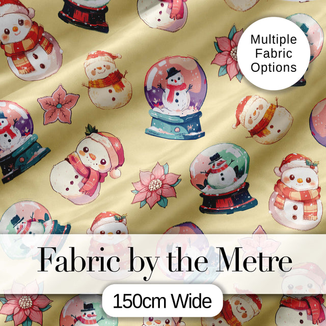 Cute Snowman Snow Globe Poinsettia Christmas on Warm Beige Background Seamless  Digital Print Fabric by the Metre UK Sewing Quilting Textile