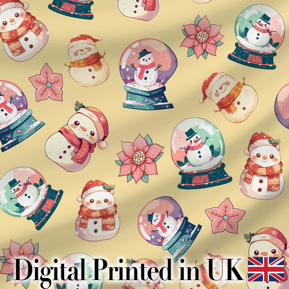 Cute Snowman Snow Globe Poinsettia Christmas on Warm Beige Background Seamless  Digital Print Fabric by the Metre UK Sewing Quilting Textile