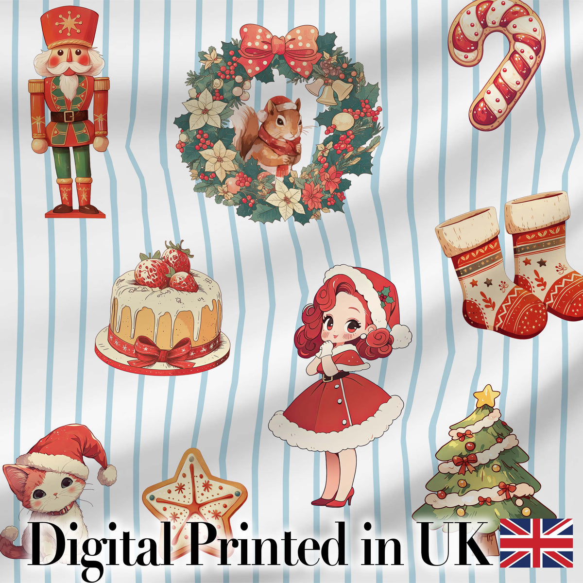 Nutcracker  Wreath Cake Girl Christmas Tree on Blue Stripe Background Seamless  Digital Print Fabric by the Metre UK Sewing Quilting Textile