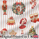 Nutcracker  Wreath Cake Girl Christmas Tree on Beige Stripe Background Seamless Digital Print Fabric by the Metre UK Sewing Quilting Textile