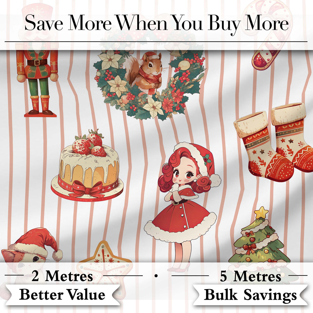Nutcracker  Wreath Cake Girl Christmas Tree on Beige Stripe Background Seamless Digital Print Fabric by the Metre UK Sewing Quilting Textile
