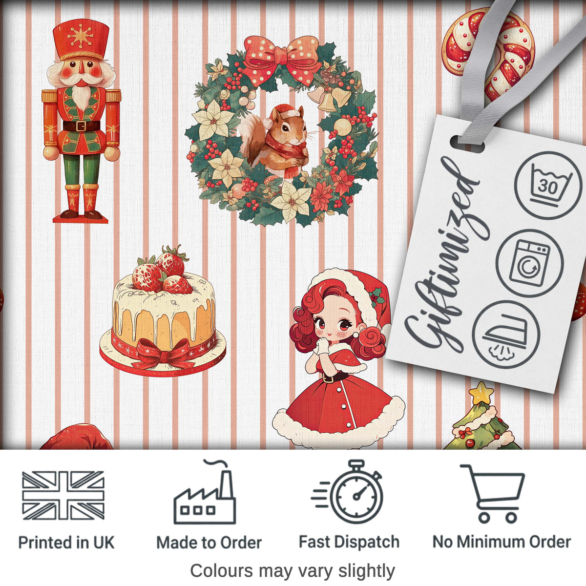Nutcracker  Wreath Cake Girl Christmas Tree on Beige Stripe Background Seamless Digital Print Fabric by the Metre UK Sewing Quilting Textile