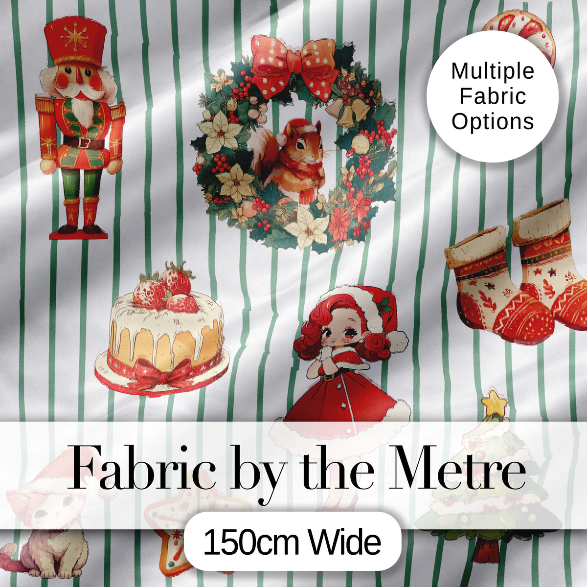 Nutcracker  Wreath Cake Girl Christmas Tree on Green Stripe Background Seamless Digital Print Fabric by the Metre UK Sewing Quilting Textile