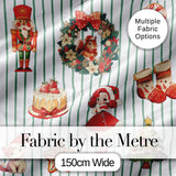 Nutcracker  Wreath Cake Girl Christmas Tree on Green Stripe Background Seamless Digital Print Fabric by the Metre UK Sewing Quilting Textile