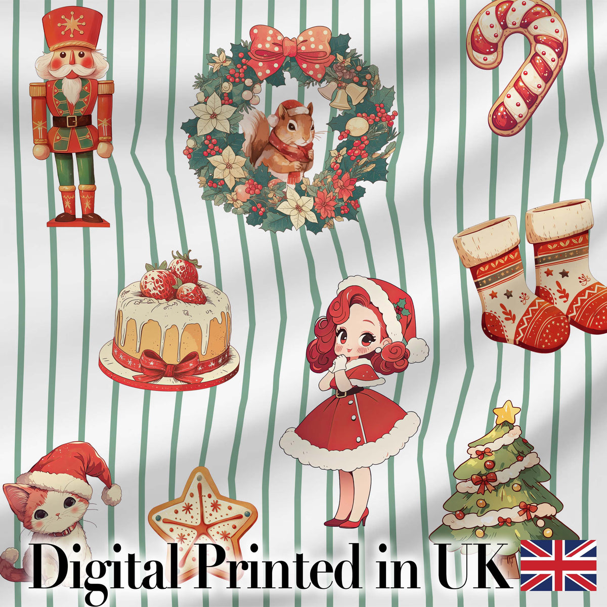 Nutcracker  Wreath Cake Girl Christmas Tree on Green Stripe Background Seamless Digital Print Fabric by the Metre UK Sewing Quilting Textile