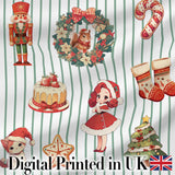 Nutcracker  Wreath Cake Girl Christmas Tree on Green Stripe Background Seamless Digital Print Fabric by the Metre UK Sewing Quilting Textile