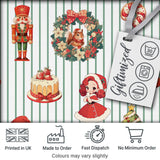 Nutcracker  Wreath Cake Girl Christmas Tree on Green Stripe Background Seamless Digital Print Fabric by the Metre UK Sewing Quilting Textile