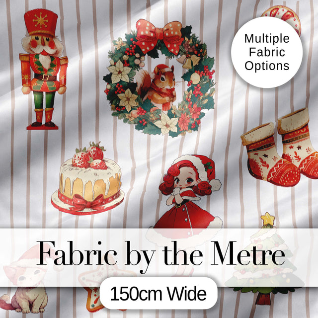 Nutcracker  Wreath Cake Girl Christmas Tree on Beige Stripe Background Seamless Digital Print Fabric by the Metre UK Sewing Quilting Textile