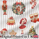Nutcracker  Wreath Cake Girl Christmas Tree on Beige Stripe Background Seamless Digital Print Fabric by the Metre UK Sewing Quilting Textile