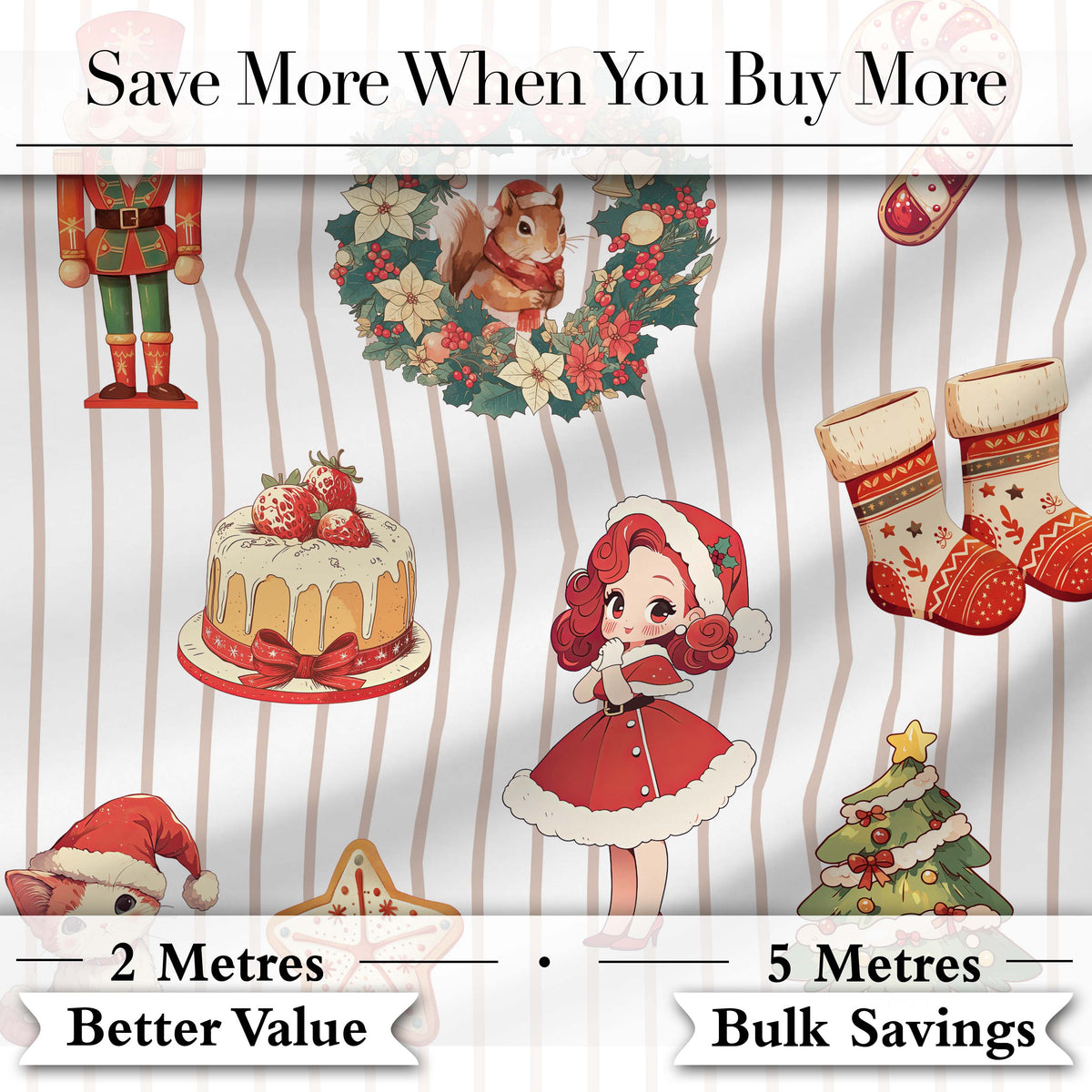 Nutcracker  Wreath Cake Girl Christmas Tree on Beige Stripe Background Seamless Digital Print Fabric by the Metre UK Sewing Quilting Textile